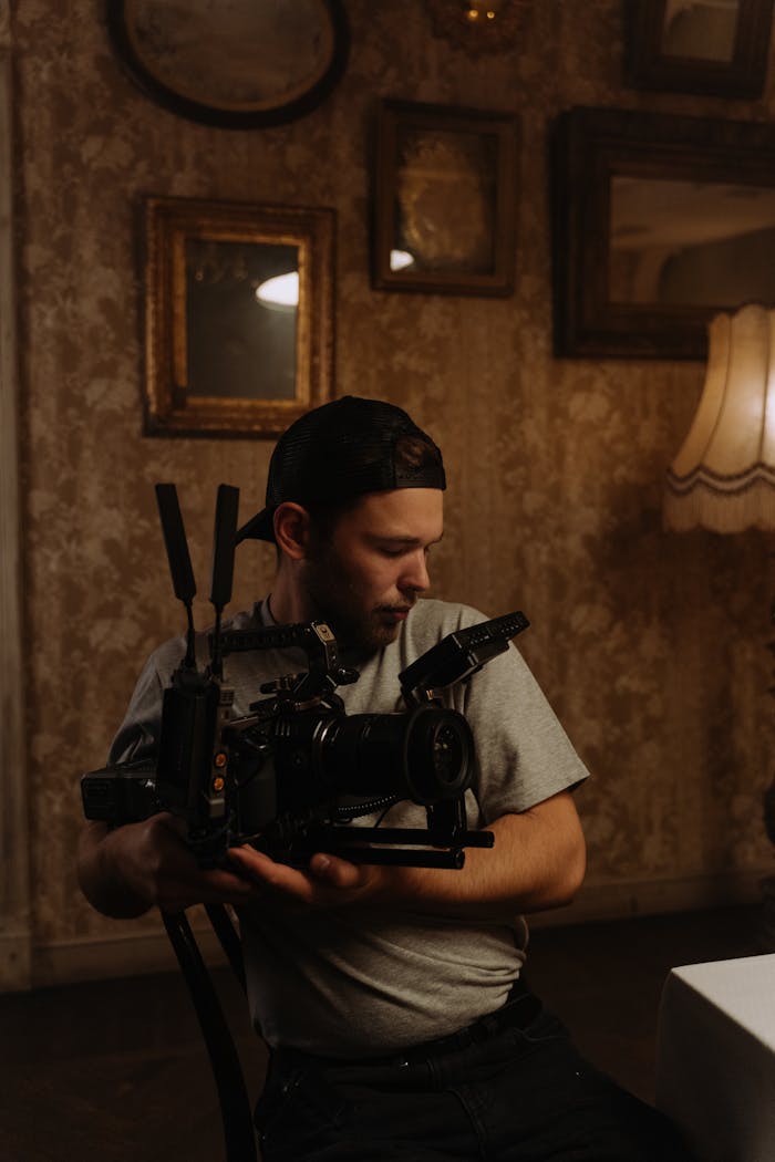 Cinematographer holding video camera in dimly lit indoor setting during film shoot.