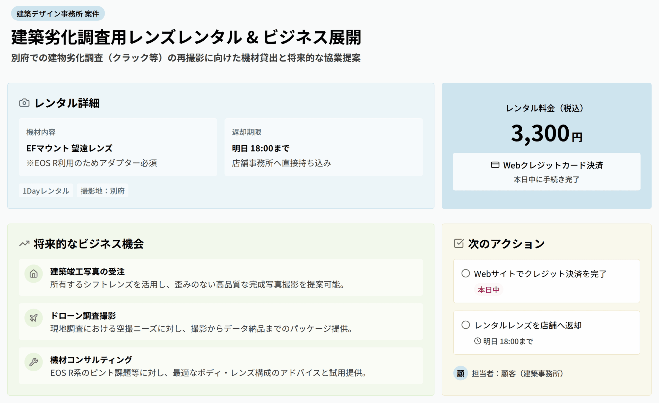 【レンタル事例】建築デザイン事務所様が建物劣化調査のため望遠レンズをレンタル。別府での再撮影をサポート
